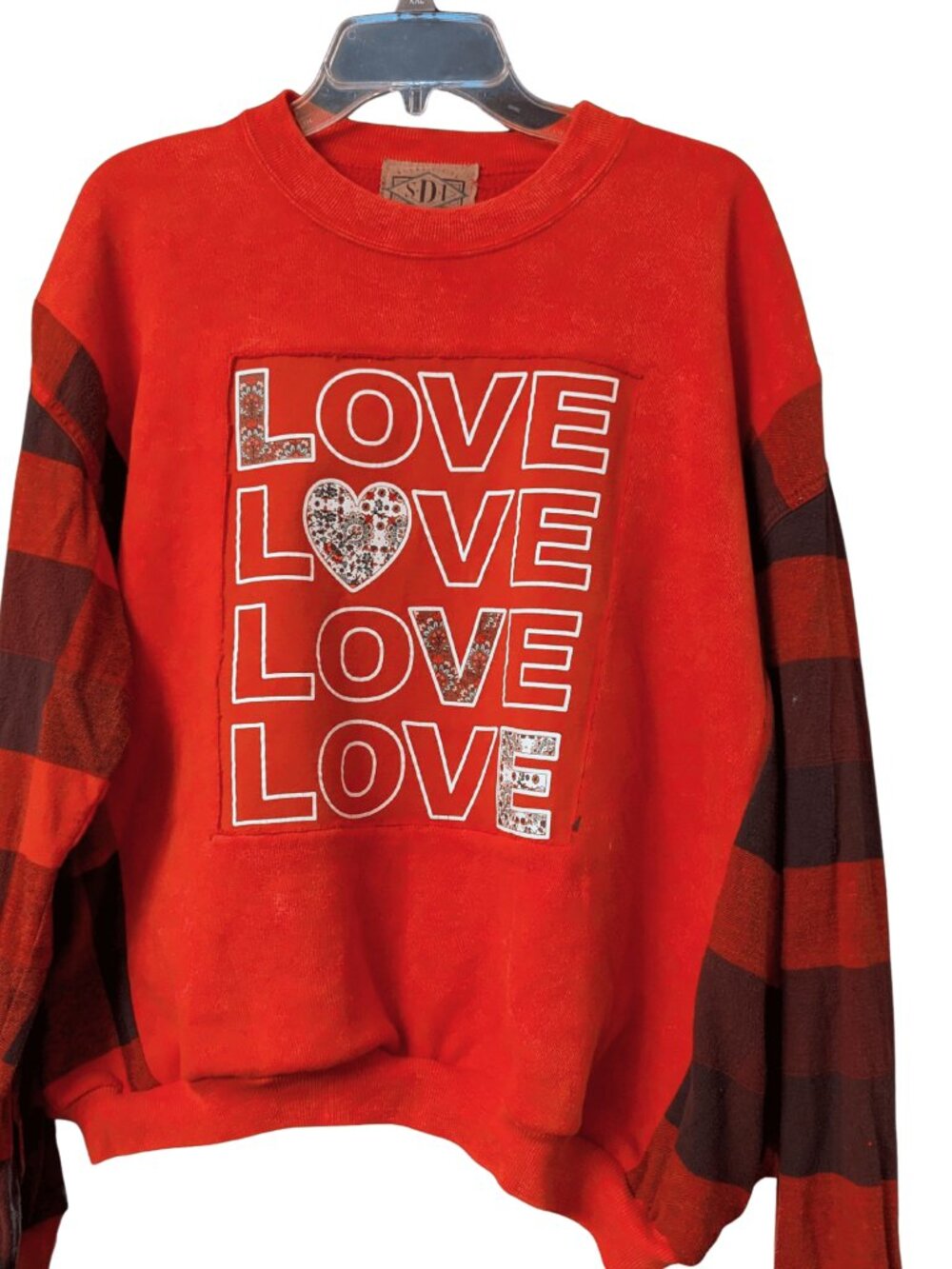 Upcycled Valentine Sweatshirt XXL Red Plaid Sleeve LOVE Graphic Oversized Cozy